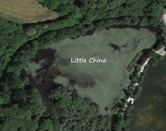 Little China carp fishing lake, birds eye - by Brittany Forest Lakes