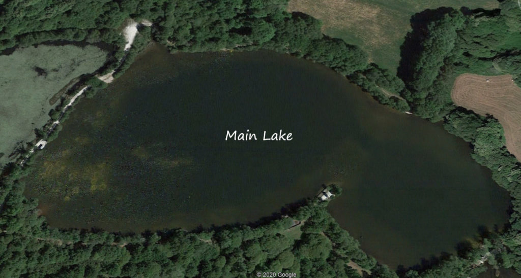 Main carp fishing lake, birds eye - by Brittany Forest Lakes